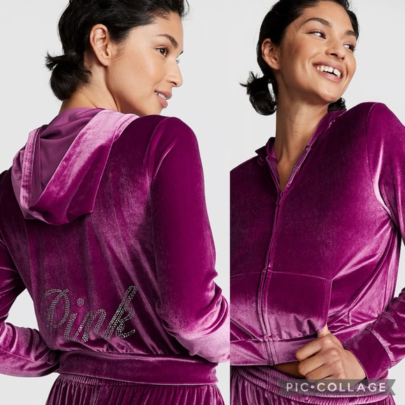 PINK VELOUR SHINE LOGO FULL-ZIP CROP HOODIE - Picture 1 of 1